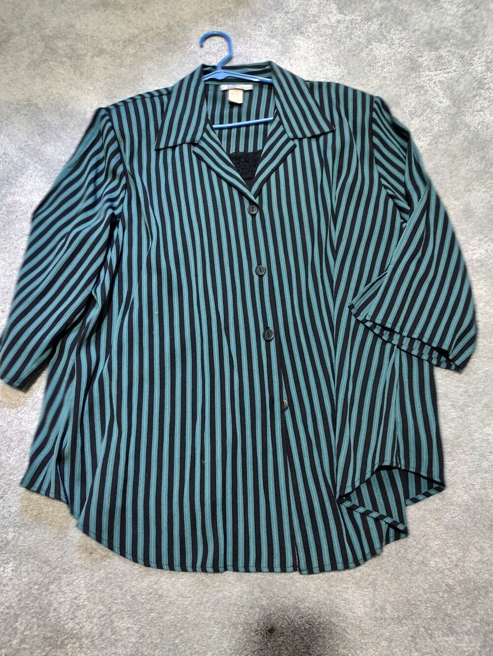 dressbarn Teal and Black Vertical Stripe Button-Down Shirt